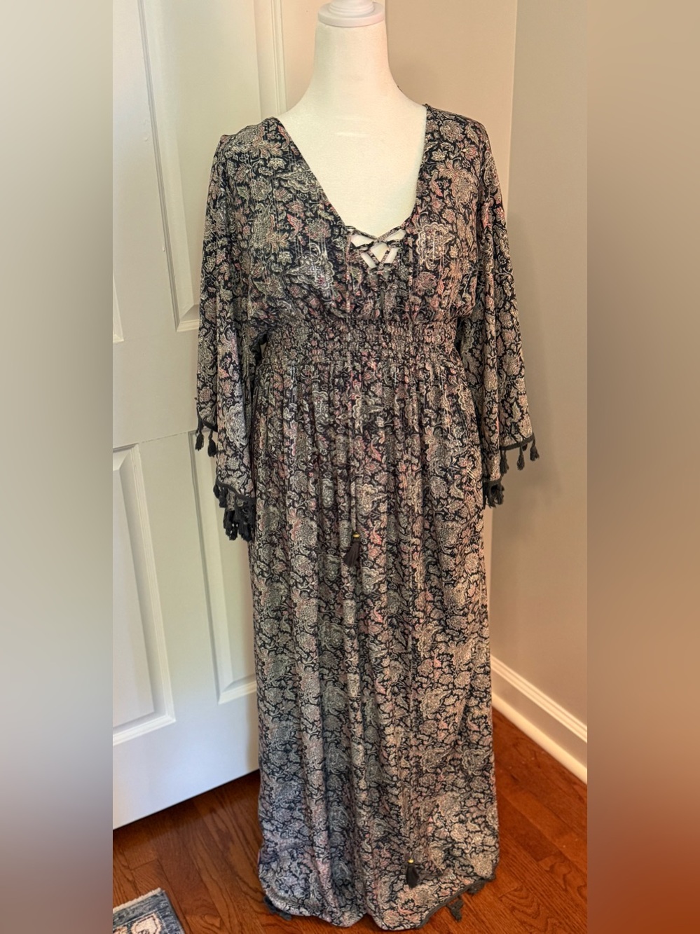 RAGA Lace-Up Black Maxi Dress with Pink Floral Motif